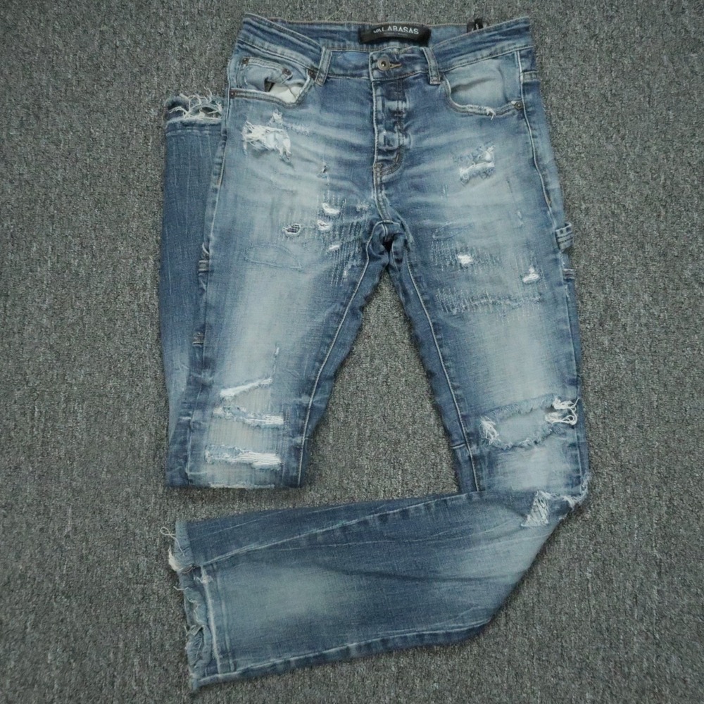 Valabasas Jeans Mens 30x35 Light Blue Distressed Ripped Button Fly Raw Hem